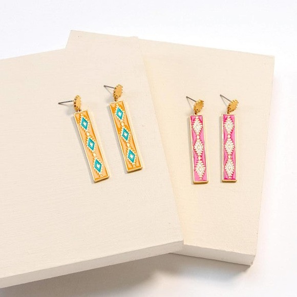 Aztec Enameled Rectangle Drop Dangle Earrings Fuchsia Pink - Picture 2 of 2